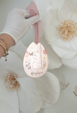 Load image into Gallery viewer, Easter Bunny Butterfly Garden Illustration Rose Gold Mirrored Easter Egg Tag personalised
