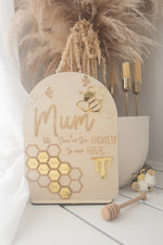 Load image into Gallery viewer, Mother’s Day Honey Comb Bee Children Grandchildren Names Personalised Mum Arch Plaque Stand Wood
