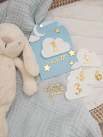 Load image into Gallery viewer, Blue Milestone 12 Month Set Clouds Moon Stars Boys
