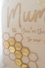Load image into Gallery viewer, Mother’s Day Honey Comb Bee Children Grandchildren Names Personalised Mum Arch Plaque Stand Wood
