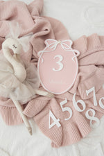 Load image into Gallery viewer, Pearl Bow REVERSIBLE Milestone Plaque 12 Month Set with NAME plaque
