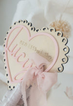 Load image into Gallery viewer, Sweet heart scalloped ribbon Baby Announcement sign plaque
