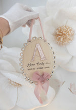 Load image into Gallery viewer, Baby Girl Name Scalloped hearts oval plaque wall decor announcement
