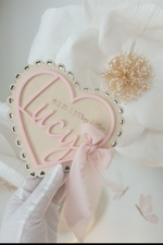 Load image into Gallery viewer, Sweet heart scalloped ribbon Baby Announcement sign plaque
