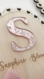 Load and play video in Gallery viewer, Baby Girl Name Scalloped hearts oval plaque wall decor announcement
