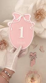 Load and play video in Gallery viewer, Pearl Bow REVERSIBLE Milestone Plaque 12 Month Set with NAME plaque
